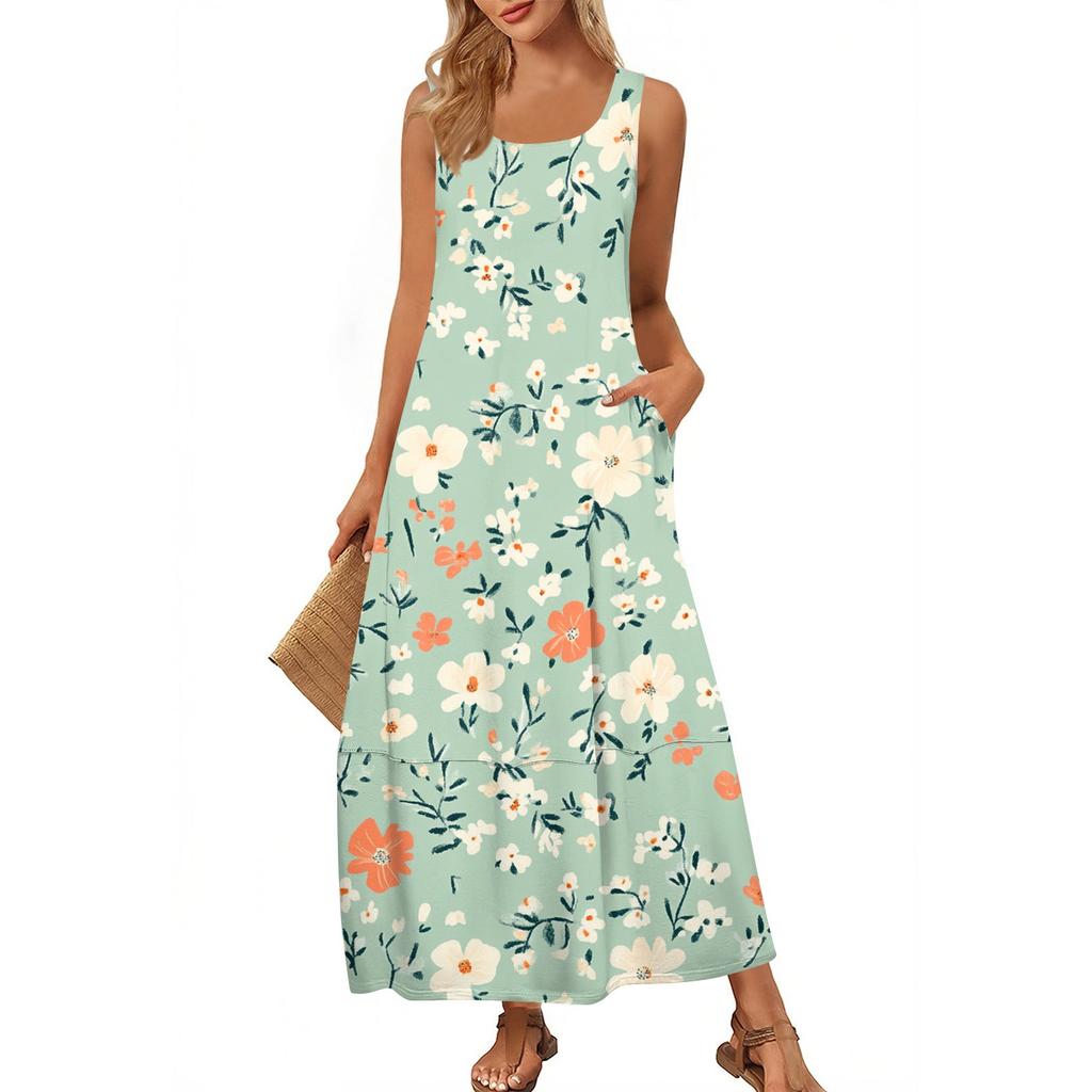 Women's Casual Floor-length Sundress Summer Beach Dress Round Neck Sleeveless Loose  Print Sundress