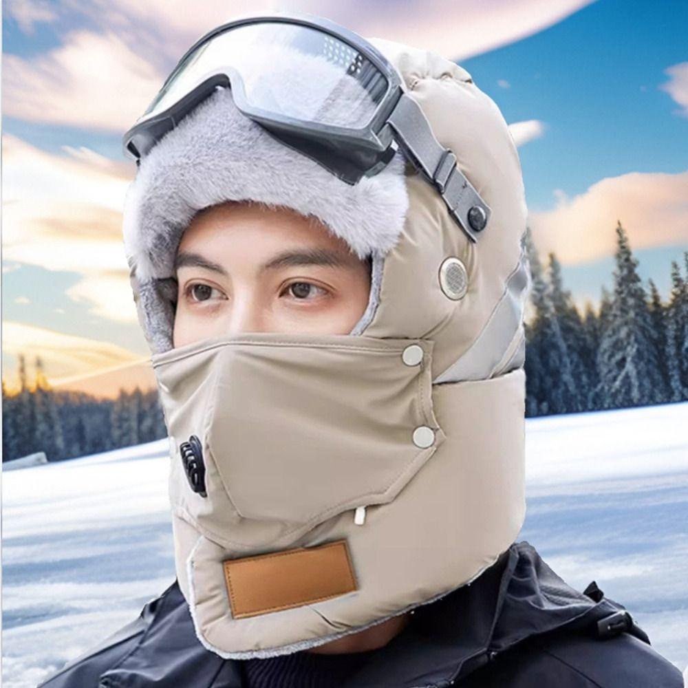 Russian Ushanka Winter Plush Hats with Goggles Cycling Windproof Cap Pilot Hat Lei Feng Hat  Sports