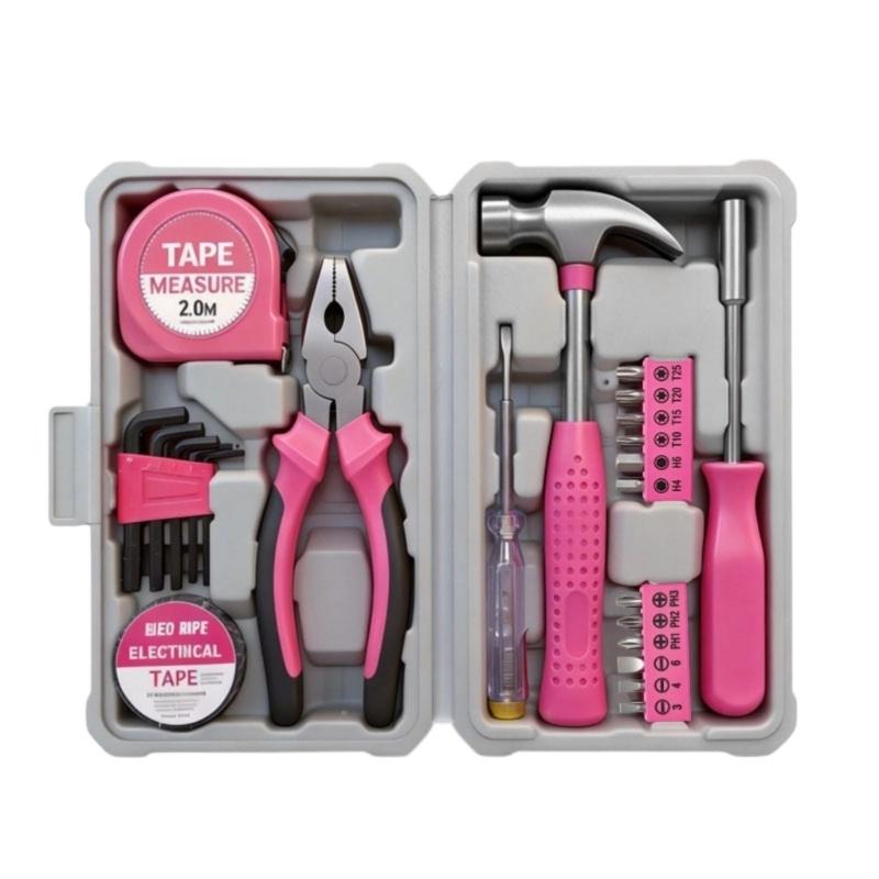 

23 Piece Pink Steel Home Repair Tool Set With Soft Grip Handles For DIY And Household Maintenance 1