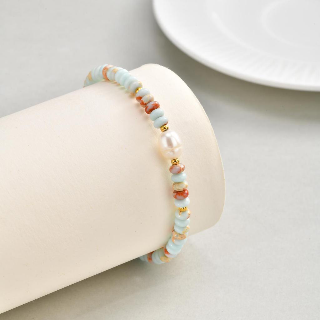 Stainless Steel Pearl Colored Crystal Bead Bracelet, Temperament Versatile Jewelry Women Br-2734