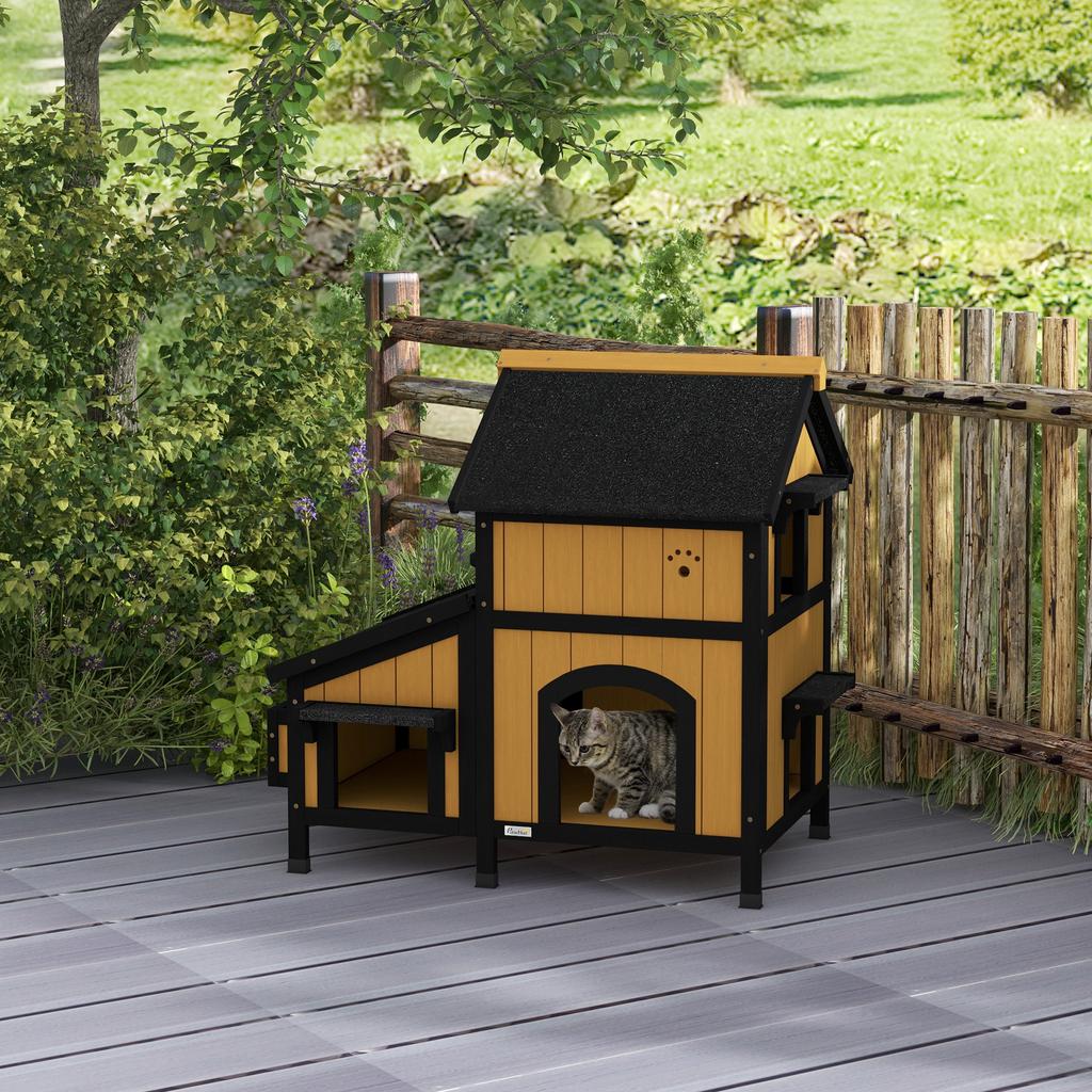 Holz-Katzenhaus mit Blumentopf, Fenstern, mehreren Eingängen, wasserdichtem Dach für den Außenbereich - Gelb
