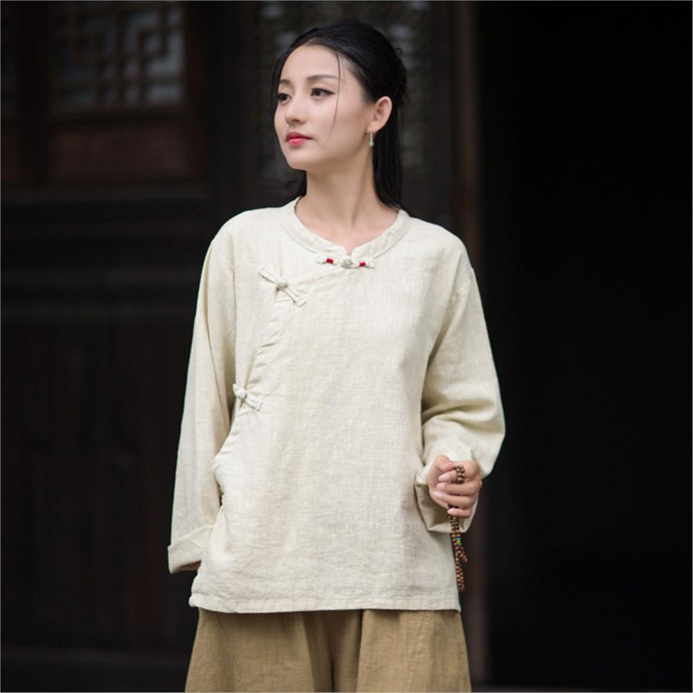 

Johnature Women Vintage Shirts Tops Solid Color Chinese Style Blouses Autumn Stand Long Sleeve Shirts One Size бежевый