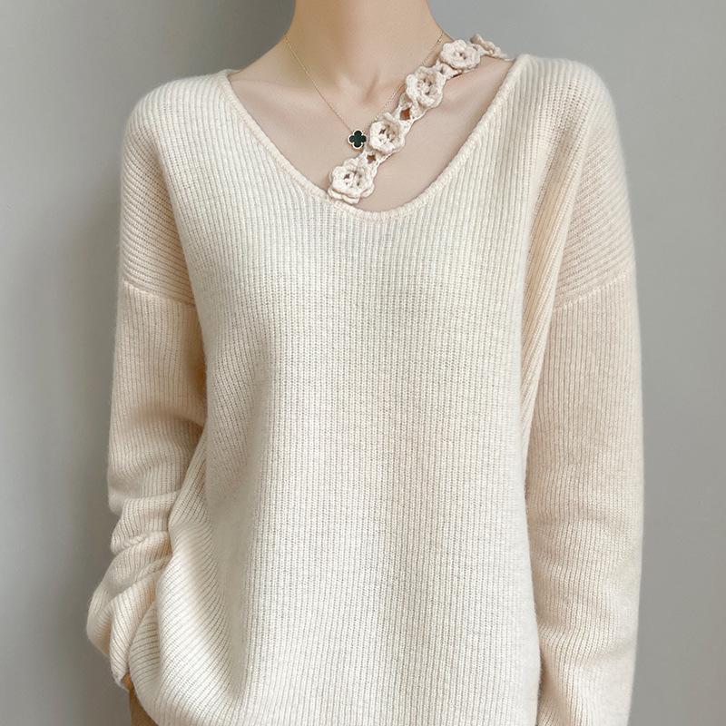 2025 Autumn/Winter Women's V-Neck 100% Wool Sweater: Loose, Stylish Lace Knitwear Base Layer