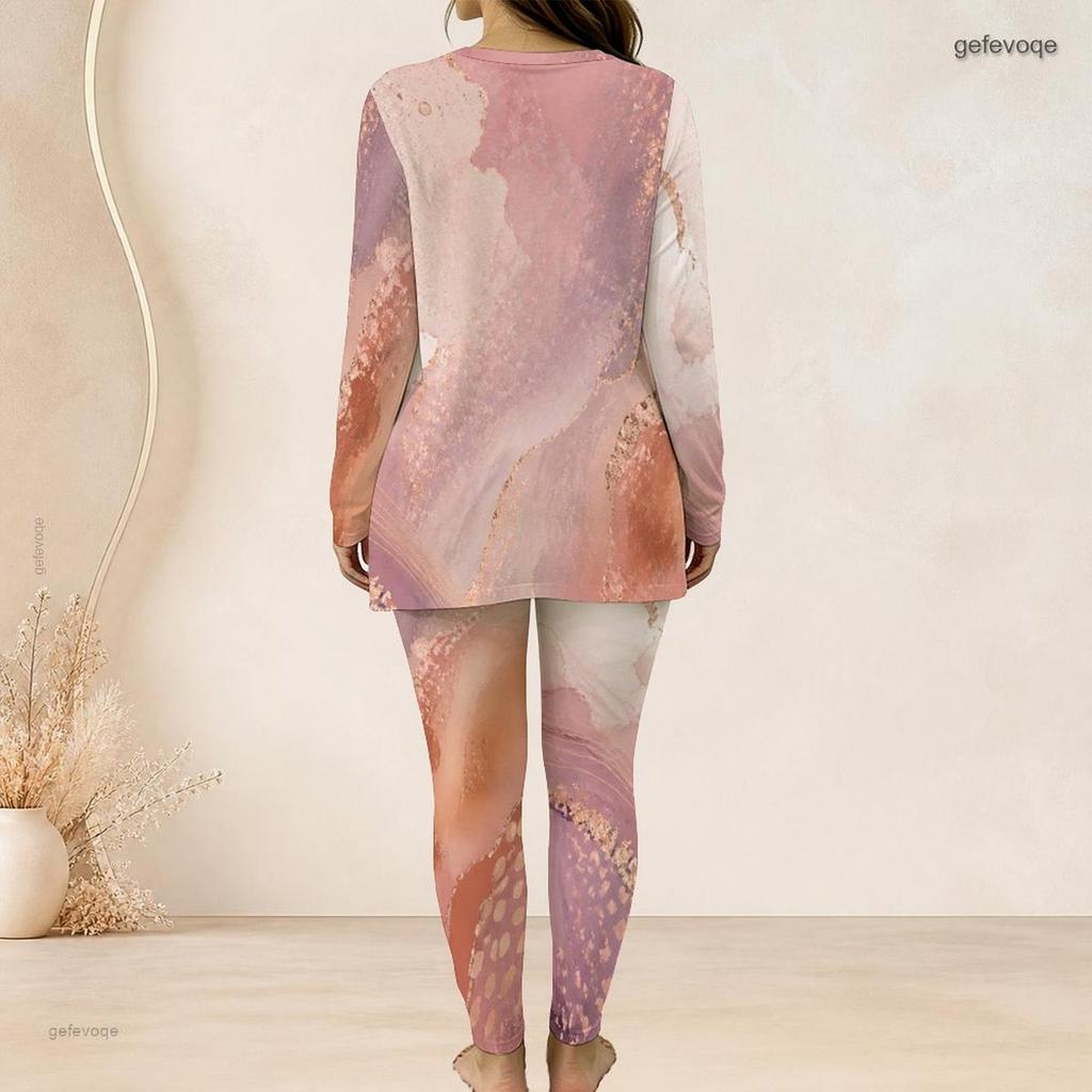 Women Plus Size Pink Printed Round Neck Long Sleeve Longline Top And Fitted Pants Two Piece Set