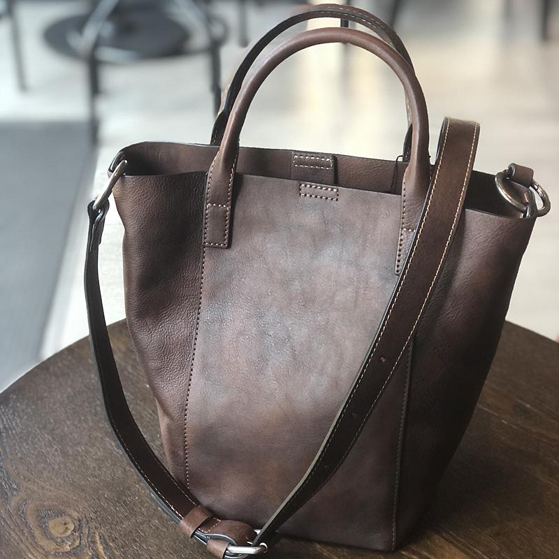 First layer leather simple leather mother and child bag retro casual bucket bag Korean version portable shoulder messenger bag cowhide