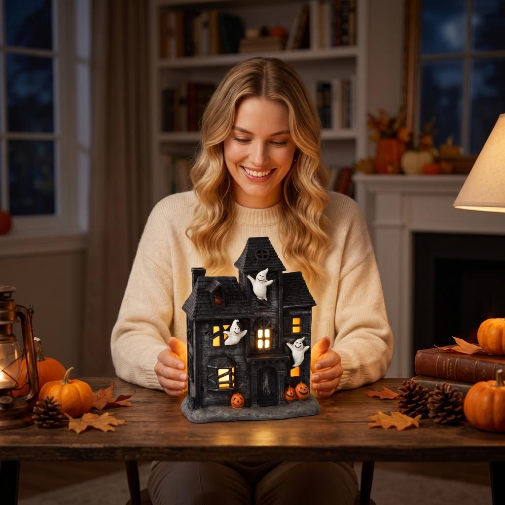 Halloween Haunted House Lighted Decoration with Ghost Figures and Pumpkin Accents Battery Operated Indoor Tabletop Display for Seasonal Party