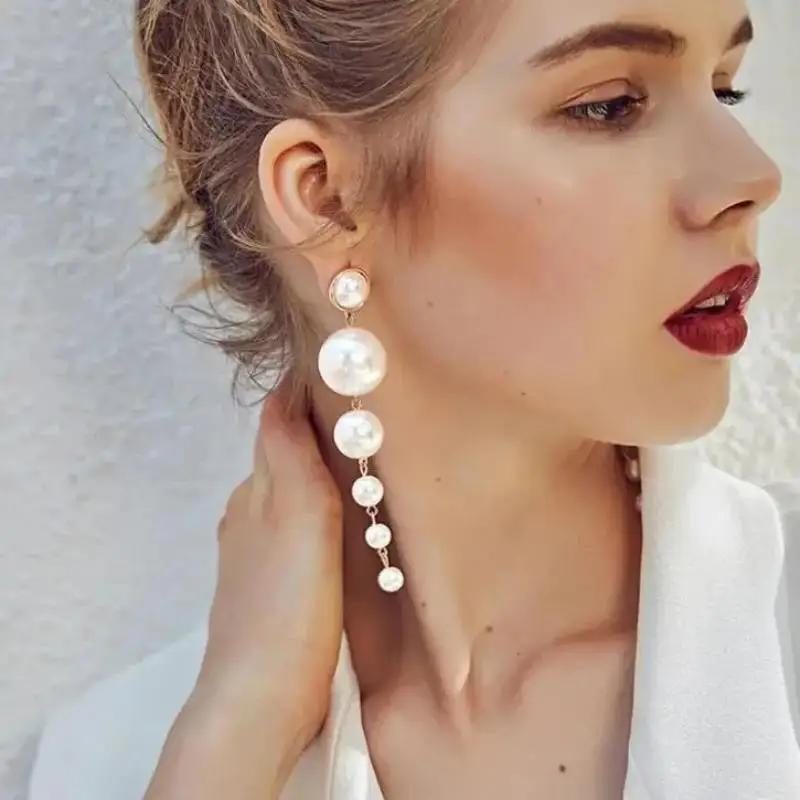 Simple Long Dangle Pearl Ball Drop Earrings For Women Girls Wedding Party Fashion Jewelry Beautiful Gift