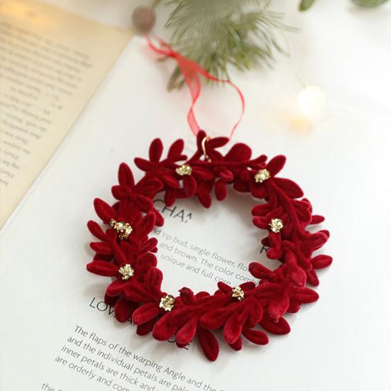Christmas Ornaments Red Flocking Bell Wreath Snowfall Elk Pendant Snowy Winter Decor for Tree Hanging