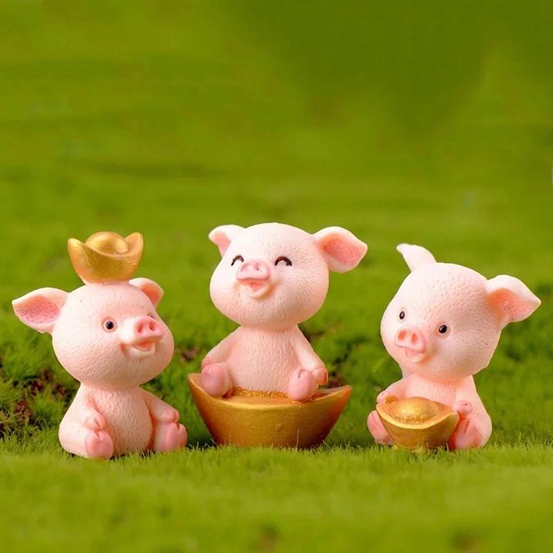 5 PCS Micro Pig Family Figurine Resin Ornaments Miniature Model Mini Animal Statue Bonsai Decoration Garden Home Decor