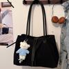 Korean Nyl Shoulder Bag, Spacious Multi-pocket Tote, Double-zip Commute Bag With Bear Pendant, Lightweight Multi-layer Shopper