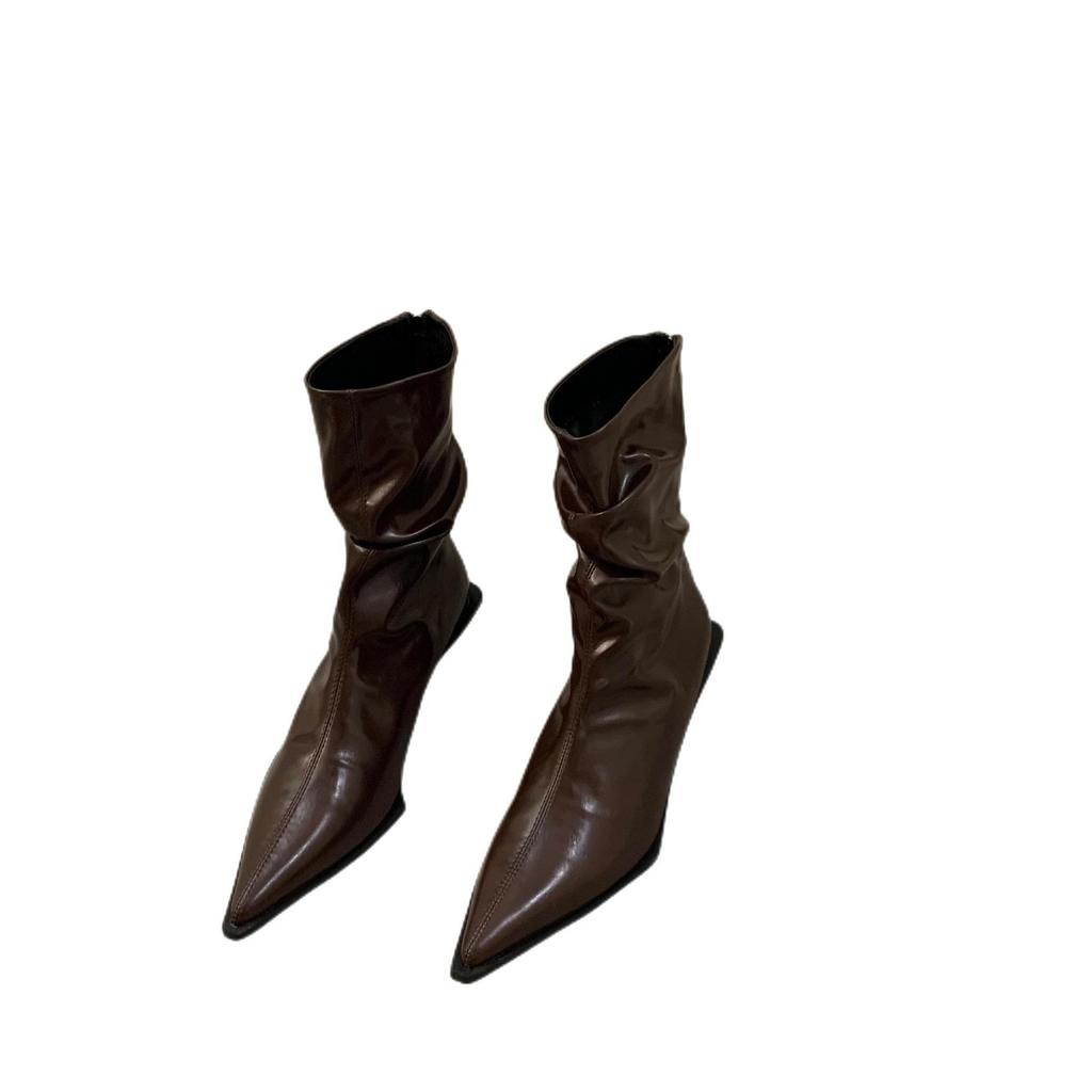 French temperament high heel thin short boots women's shoes 2025 new brown autumn and winter velvet pointed boots small naked boots