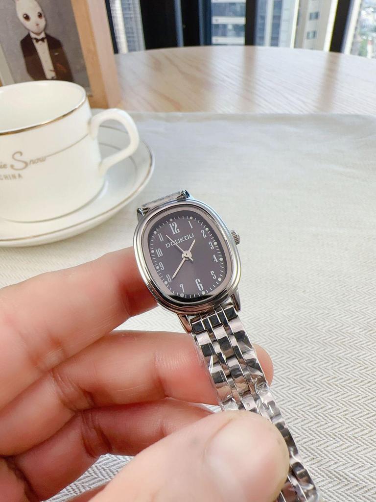 Women's Minimalist Quartz Watch with Elliptical Dial and Digital Markers, Steel Band, Small Wristwatch