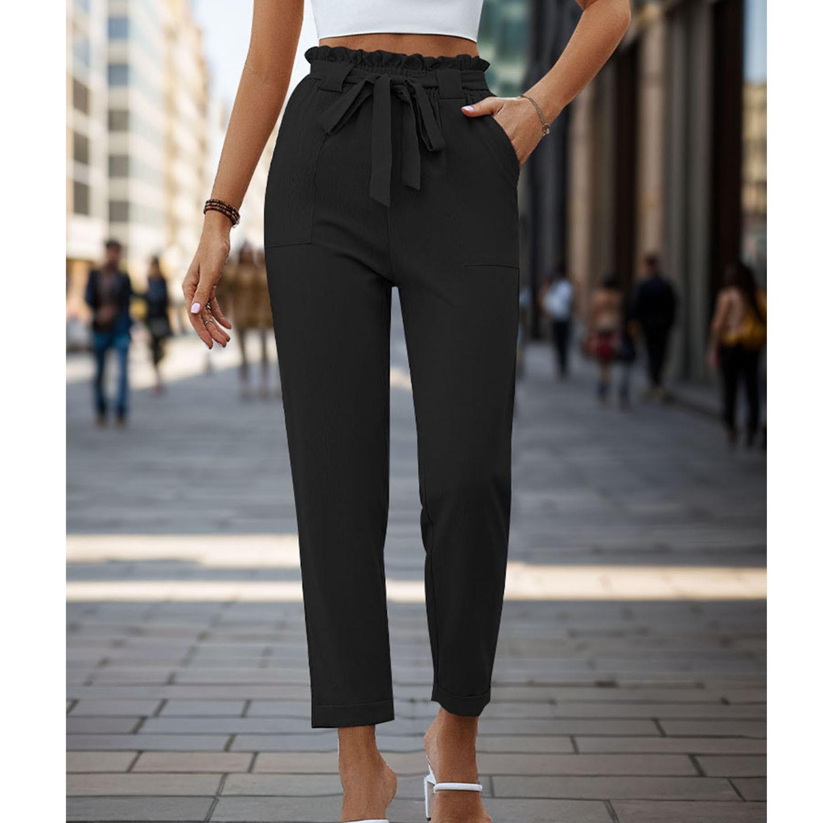 

Women s Casual And Fashionable Color Pleated Straight Leg Rolled Up Casual Pants L чёрный