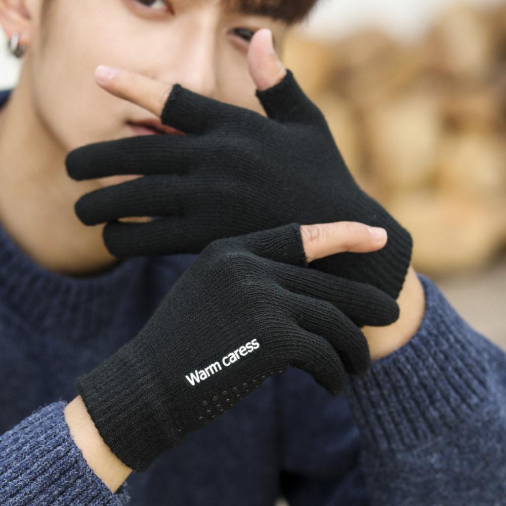 

Half-finger men s gloves autumn and winter dew two-finger thickened warm touch screen plush wool cold-proof outdoor cycling knitt Practical Use One Size
