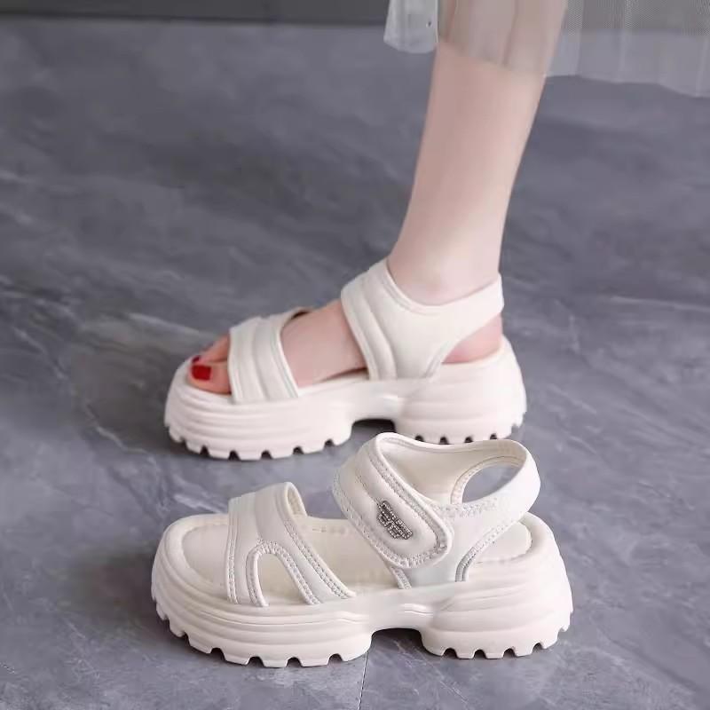 Medium Heel Velcro Soft Leather Sandals Women's Summer New Versatile Thick Sole with Skirt Slippers