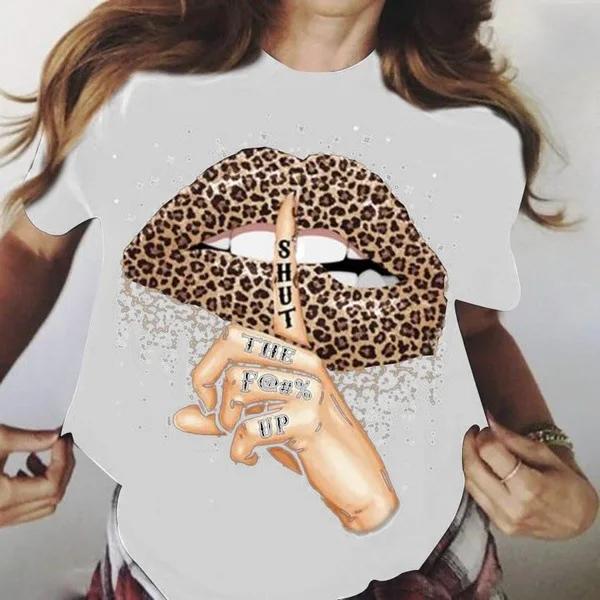 

Футболка с принтом «Leopard Lip Shut Up» для женщин с коротким рукавом и круглым вырезом, свободная футболка, летняя женская футболка, топы, Camisetas Mujer XXXL белый