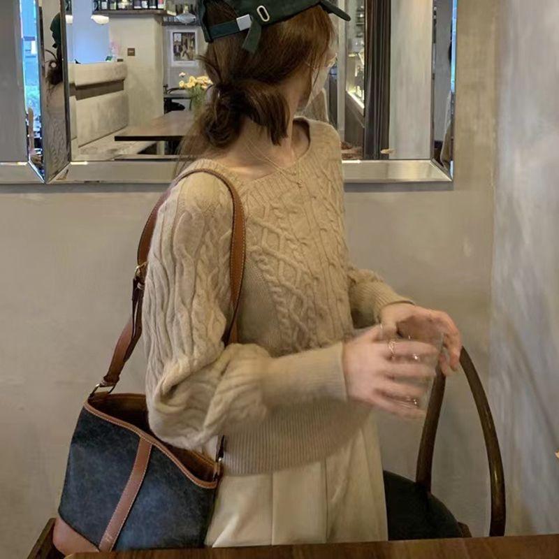 New Square Collar Retro Hemp Pattern Loose Knitwear