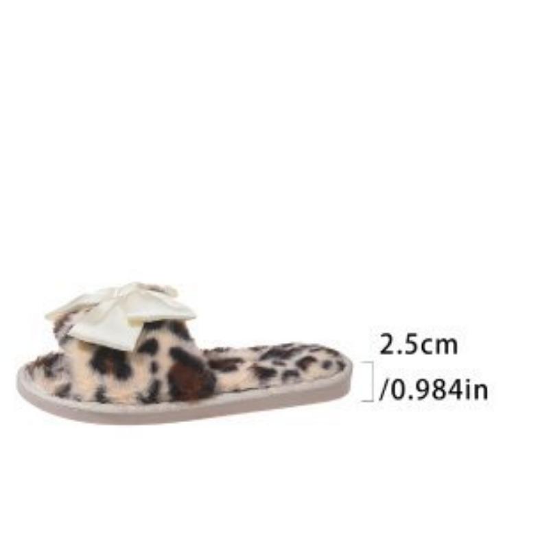 Plush Leopard Print Bow Slippers Women's Autumn and Winter Flat-bottomed Home Floor Mop Open-toed Cotton Slippers Women