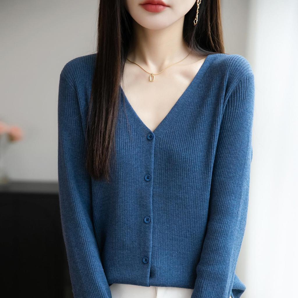 Damen Wollmischung Feingerippter V-Ausschnitt Cardigan Pullover