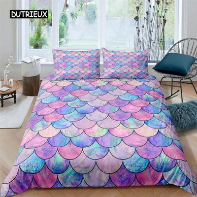 Fischschuppen Bettbezug Set Bettwäsche Set Bunt Meerjungfrau Schuppe Steppdeckenbezug Kissenbezug Queen Size Mädchen 2/3tlg. Bettdeckenbezug