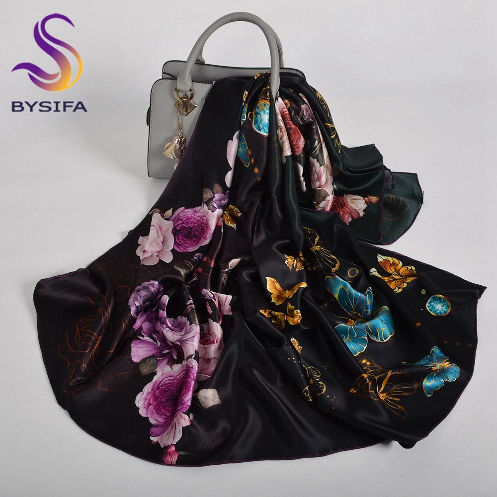 BYSIFA|New Blue Green 100% Silk Shawl Scarf Women Fashion Floral Design Scarves Hijabs Brand Accessories Scarf Wrap Cape 110*110