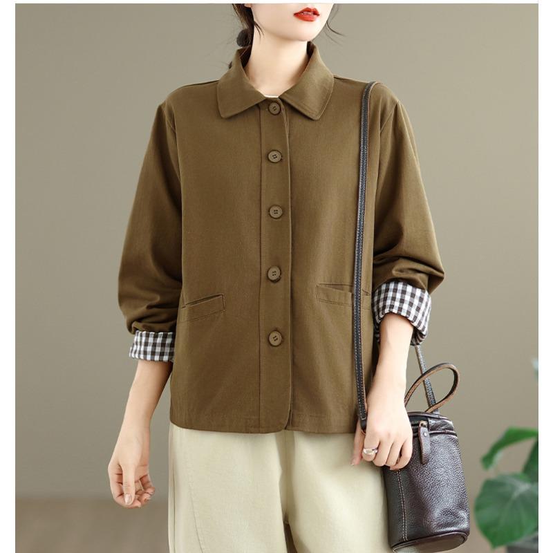 

DIMANAF 2025 Новая Осень Женские Куртки Пальто Большого Размера Хлопок Длинный Рукав Свободный Повседневный Верхняя Одежда Пуговица 2XL дубильная кора