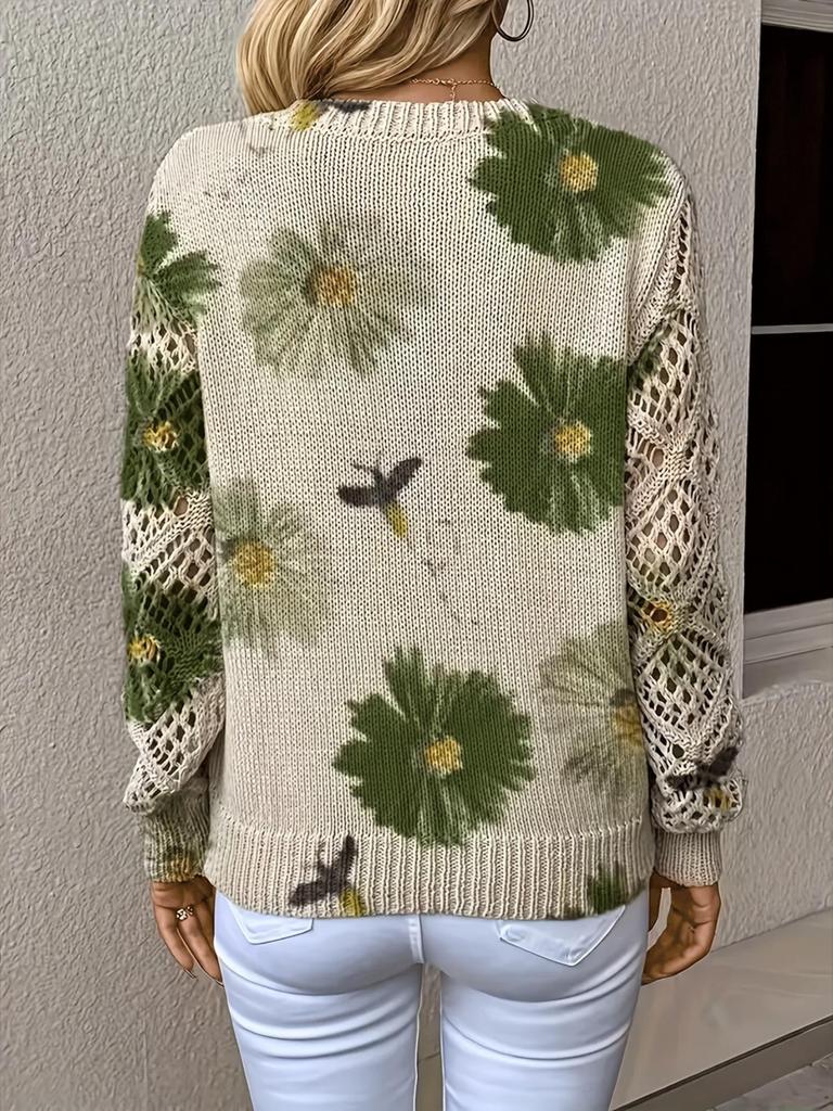 Elegant Bohemian Floral V-Neck Long Sleeve Sweater Pullover