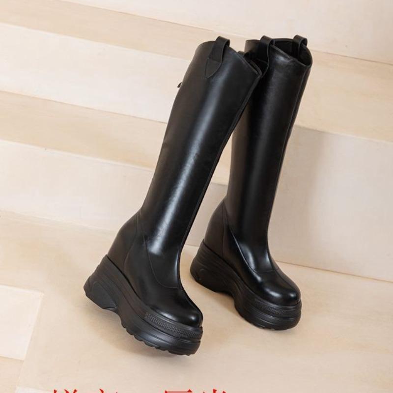 Fashion 11CM Microfiber Genuine Leather Platform Wedges Knee High Boots Woman Plush Modern Hidden Heel Winter Autumn Shoes Plush