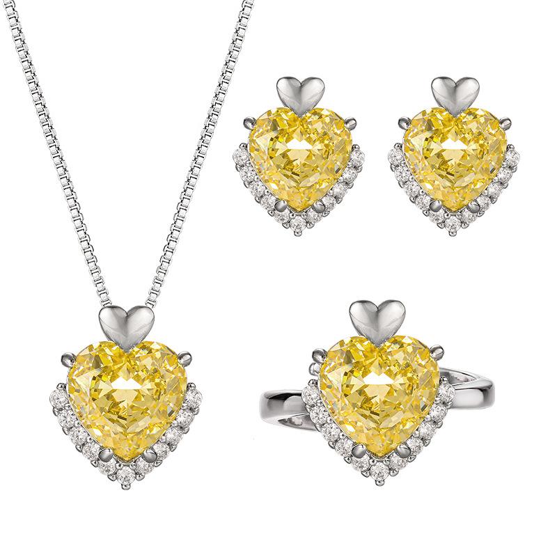 Jewelry Set Heart Shaped High Carbon Ice Flower Cutting Fashion Light Luxury Color Treasure Ring Earnail Necklace