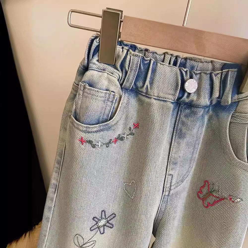 Girls Spring Summer Soft Loose Embroidered Jeans Baby Girl Straight Thin Style Denim Pants