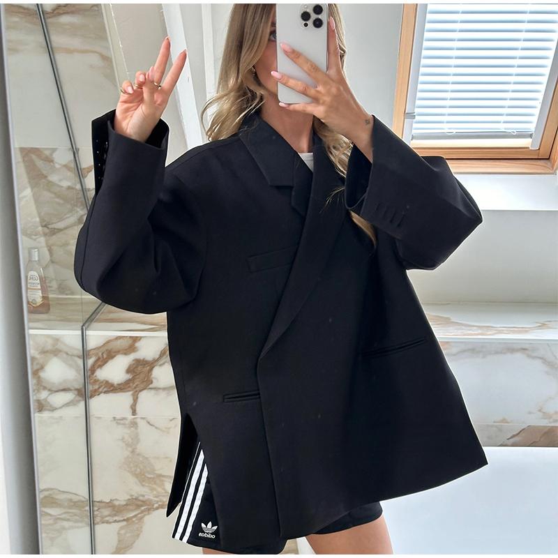 Casual Suit Blazer Coat Women Oversized Double Button Notched Side Slit Jacket Female Autumn Office Shoulder Pads Lady Tops