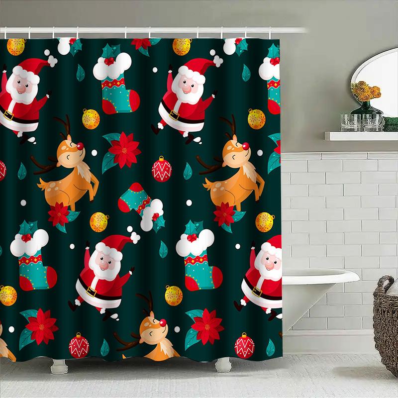 Christmas Shower Curtain Set Reindeer And Santa Claus Decorated Waterproof Bathroom Linen Print Festive Home Decoration For Merr