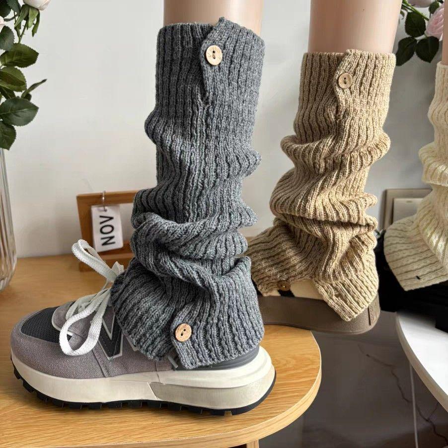 Autumn Winter Solid Color Snow Boot Button Leg Warmers Vintage American Slouchy Leg Warmers Knitted Open JK Patchwork Mid-calf Socks