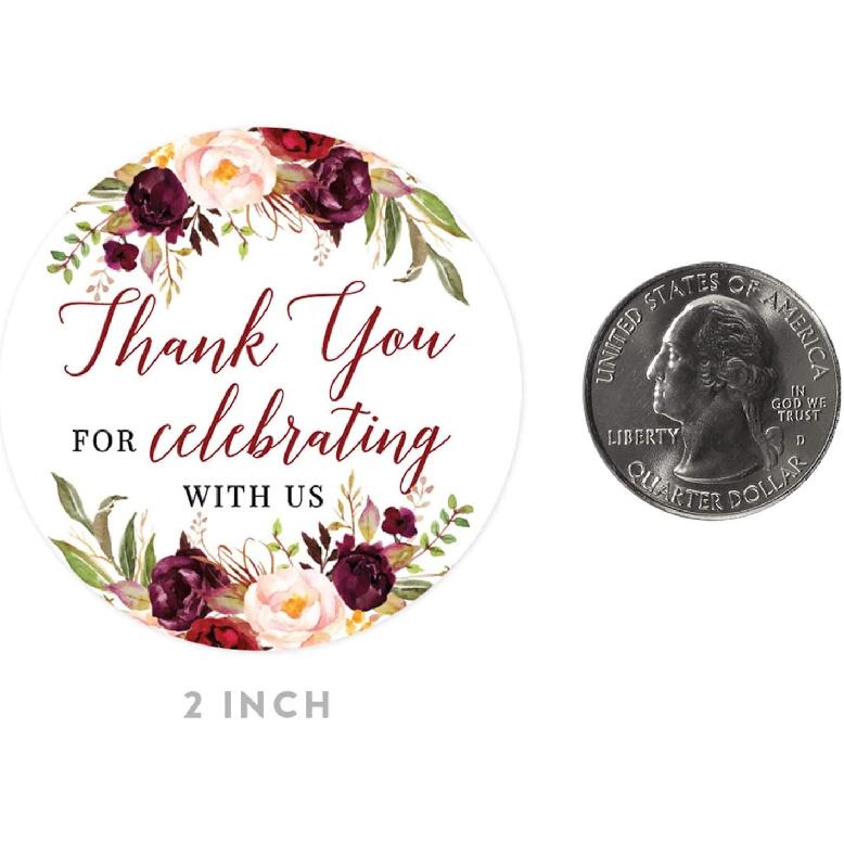 Andaz Press Fall Autumn Burgundy Maroon Floral Flowers Party, 2-Inch Round Circle Label Stickers, Thank You for Celebrating with Us Sticker, 40-Pack,