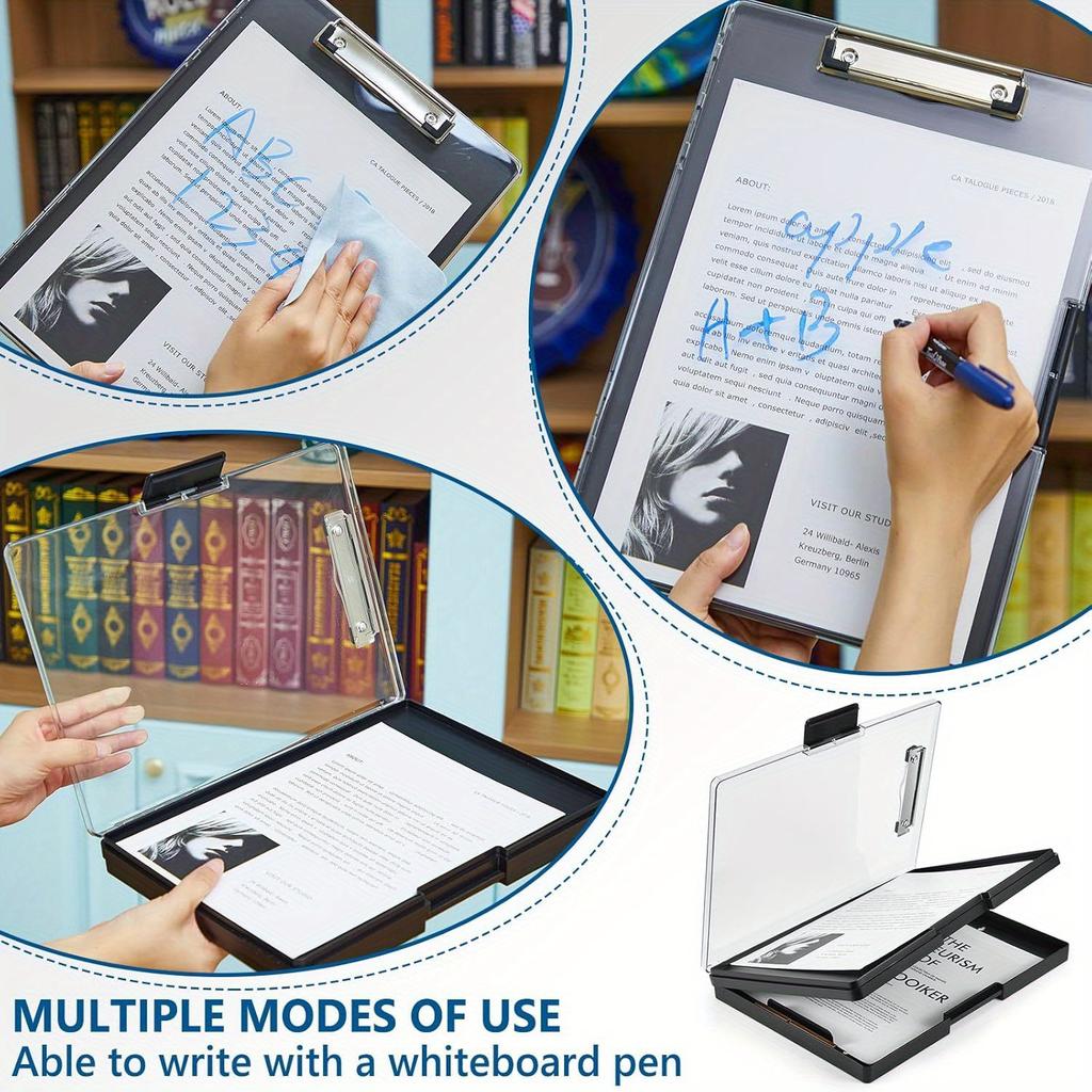 1 Pc Black, Clipboard with Storage, with 2 Storage Boxes, Heavy Duty Clear Visible Top Panel To Store Clipboard, Side Opening