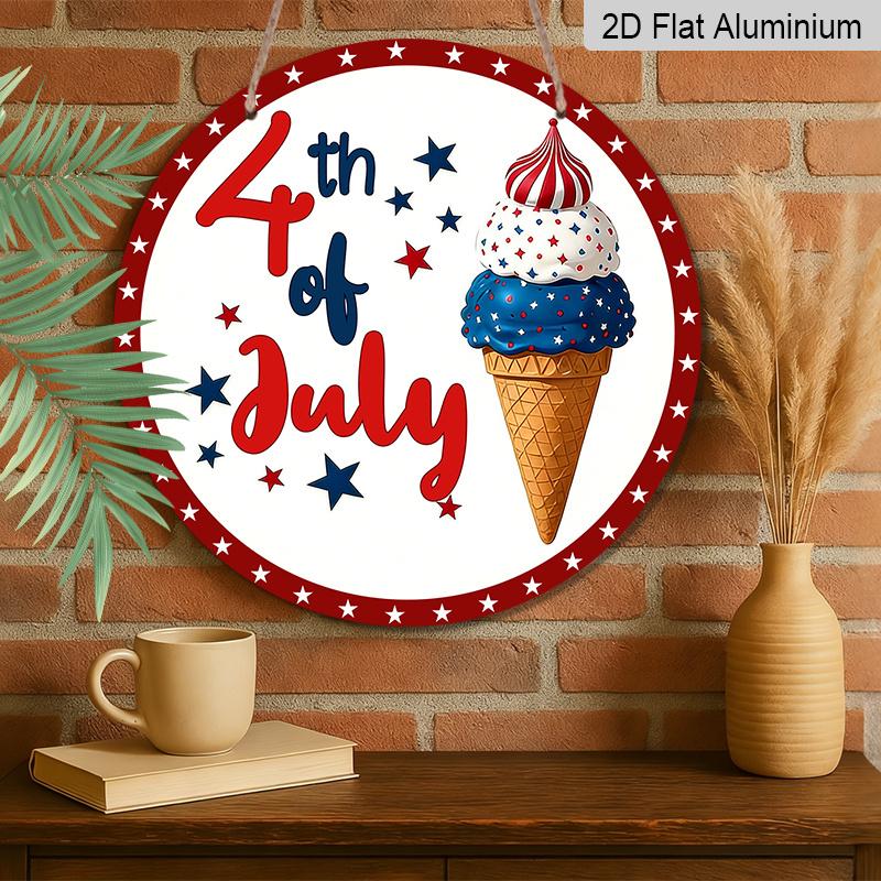 2D Flat 1pc Aluminum Independence Day-Themed Ice Cream Wall Decor 7.87 Inches X 7.87 Inches Patriotic Decor Suitable for Hanging On Front Doors