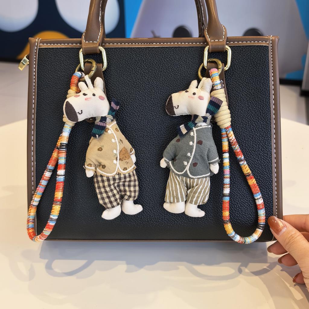 Cute Dressed Hippo Bag Charm, Handmade Fabric Hippo Keychain with Colorful Braided Rope