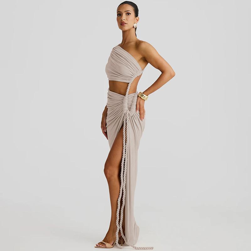 Fashion Asymmetrical Ruched Backless High Split Long Dress Woman Sexy Slant Shoulder Hemp Rope Hollow Out Summer Vacation Dresses