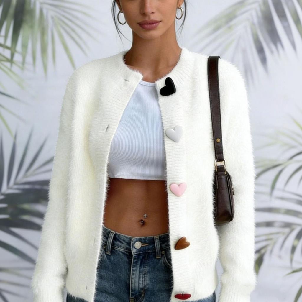 Women's Color Round Neck Cardigan with Heart Shaped Buttons - Soft Sweater for Daily Wear