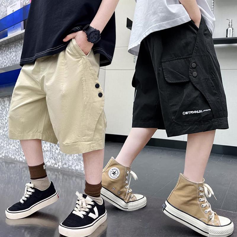 Summer Teen Boys Cotton Cargo Shorts Loose Solid Color Knee-length Pants for 4-14Years Kids Children Casual Outdoor Trousers
