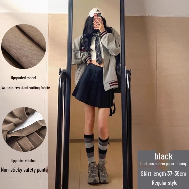 Women's High Waist Dark Gray Wool Plaid Pleated Skirt - Slimming Spring/Autumn 2026 Collection, JK Short Skirt