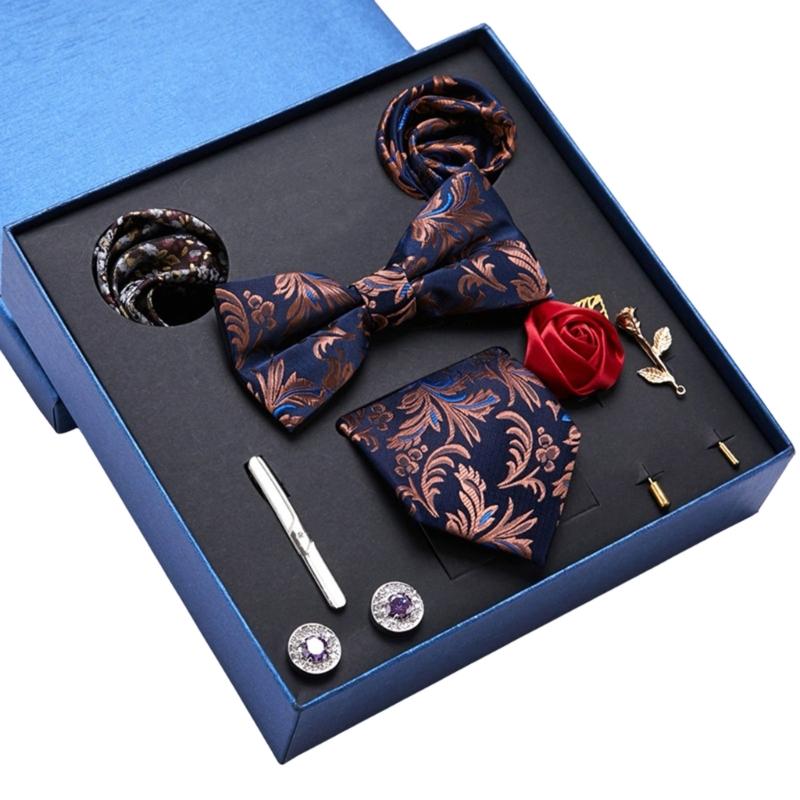 Pack of 9 Men's Floral Tie Set with Pocket Square Tie Clip Brooch Accessories for Formal Occasion Holiday Gift Supply