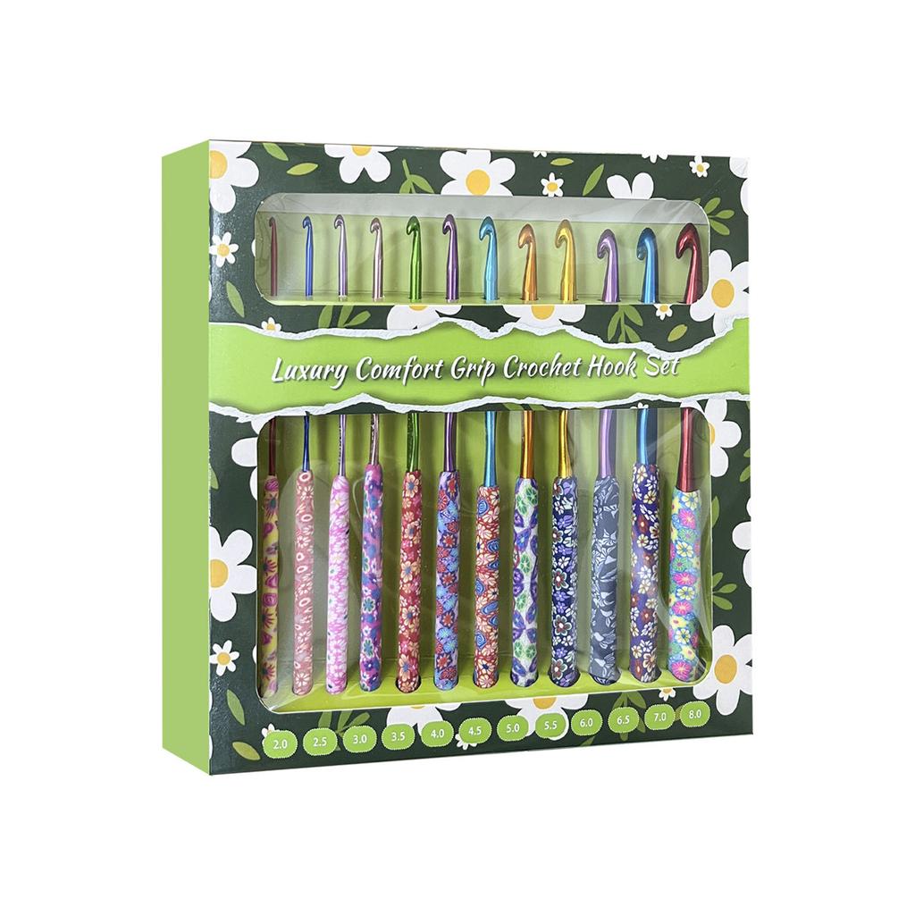 Handmade Crochet Hooks Set 12 Pcs Soft Clay Floral Handle Metal Yarn Needles for Knitting