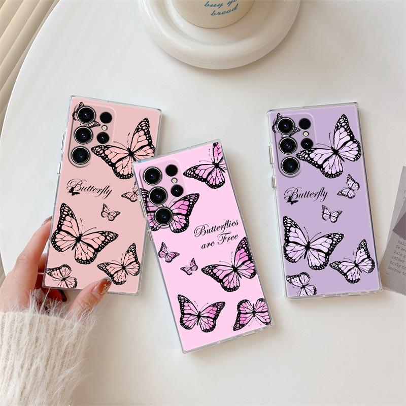 Pink Butterfly S25Ultra Clear Case For Samsung Galaxy S25 S24 S23 Ultra S20 S21 FE S22 Plus A56 A55 A36 A26 5G Soft Phone Cover