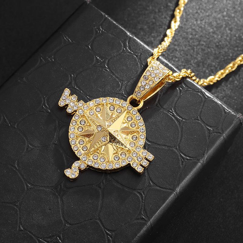 European and American Compass Compass Shaped Personalized Pendant Full of Zircon Trendy Brand Mens Necklace Accessories