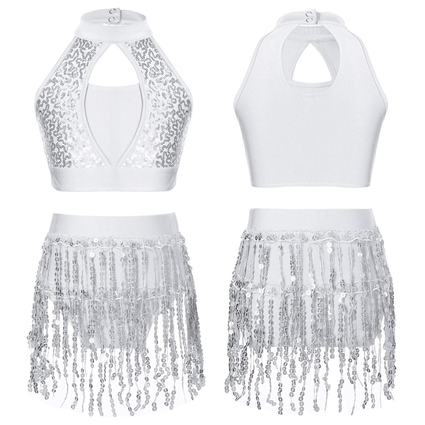 Completi da ballo per ragazze Top corto con paillettes in 2 pezzi con pantaloncini con frange Set abbigliamento da ballo per costumi di salsa latina jazz moderno 15-16 Years