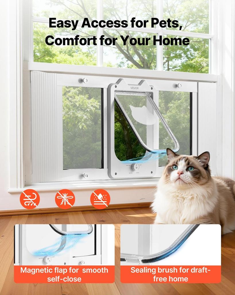 Cat Door for Window, Adjustable to Fit Window Width 787-914 mm, 4 Secure Lock Modes, Aluminum Frame and High-Transparency Glass, Magnetic Closure,