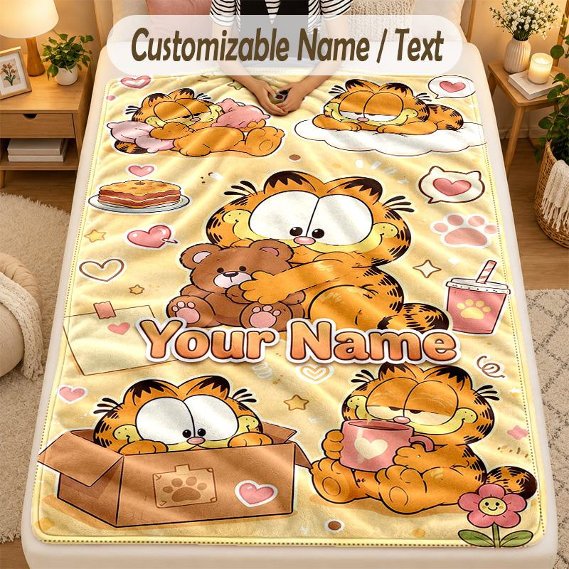 Flannel BlanketGarfield Custom Name Text Personalized Soft Warm Throw Blanket Home Decor Gift