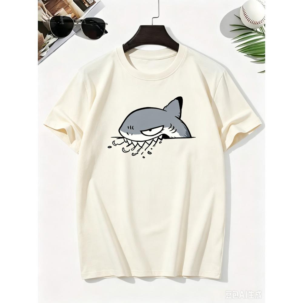 2026 Cartoon Shark Gray Fang Watermark Pure Cotton Boy's T‑shirt Creative Lightweight Comfortable Short Sleeved Kids T‑shirt