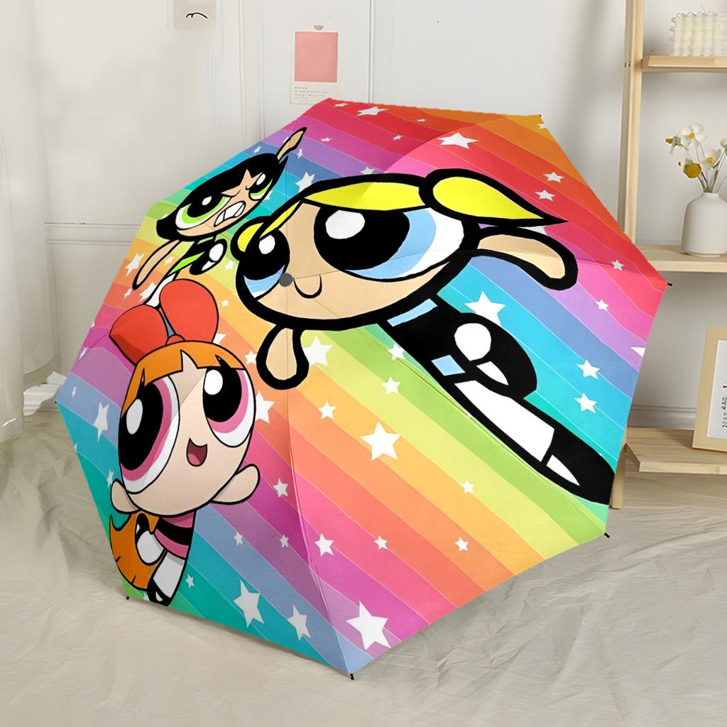Powerpuff Girls Adventure Compact Travel Automatic Umbrella Compact 8-Rib Design Sturdy Construction All-Season Travel Vibrant Pattern Umbrella